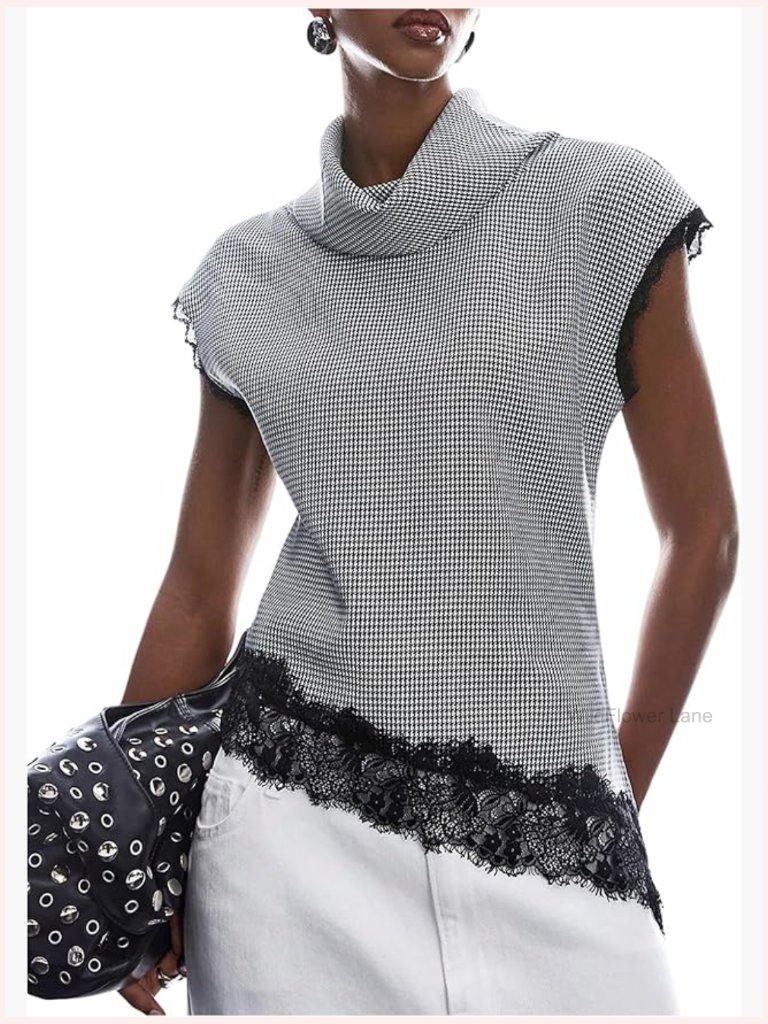Houndstooth Lace Mock Neck Cap Sleeve Asymmetrical Blouse Tunic Top